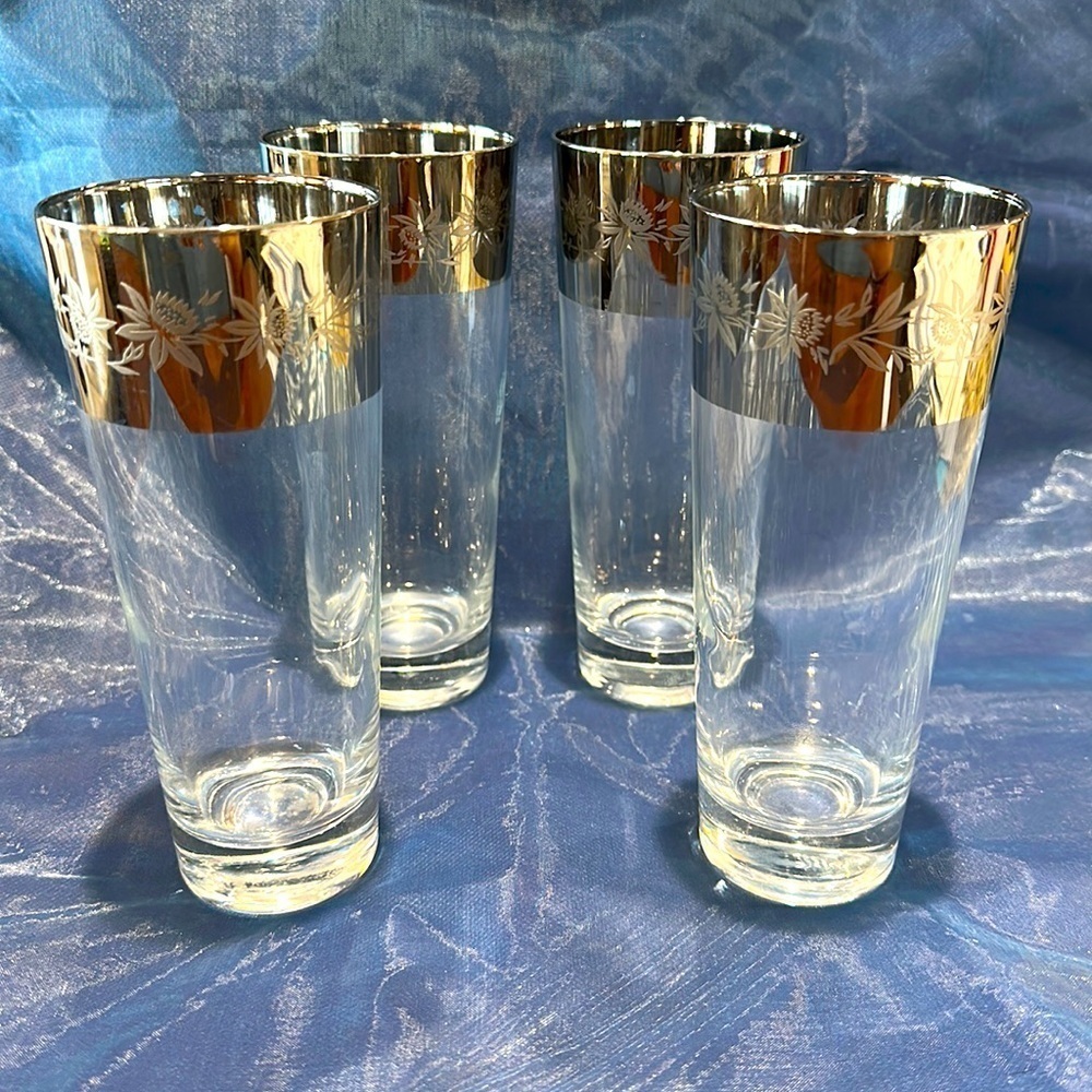 MCM Set of 4 Silver Rimmed floral etching Glasses Mid Century Modern